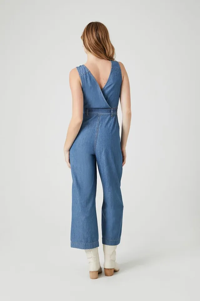 Puff Sleeve Tie Waist Medium Wash Denim Jumpsuit