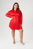 Women's Satin Mini Shirt Dress in Fiery Red, 3X