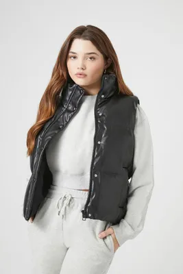 Women's Faux Leather Quilted Puffer Vest