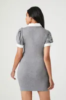 Women's Puff-Sleeve Combo Mini Shirt Dress in Heather Grey/White Medium