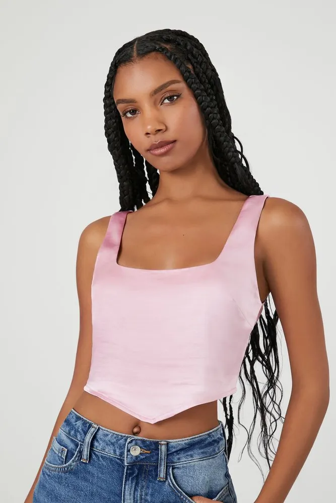 Women's Satin V-Hem Crop Top in Pink Medium