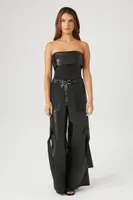 Women's Faux Leather Wide-Leg Cargo Pants in Black Small