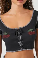 Women's Rhinestone Cherry Crop Top in Black Medium