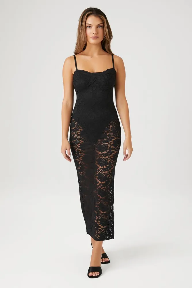 Forever 21 Women's Sheer Lace Cami Maxi Dress in Black Small