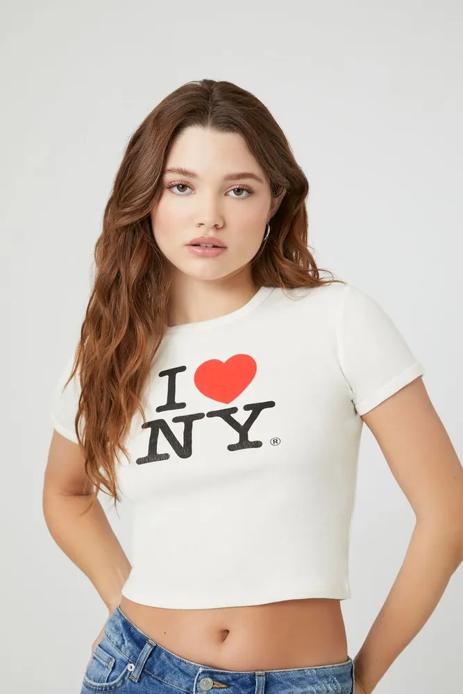 Women's Cropped I Love NY Graphic T-Shirt in Cream Small