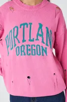 Women's Distressed Portland Oregon Graphic Pullover in Pink/Green Small