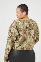 Women's Leaf Print Crop Top in Olive, 3X