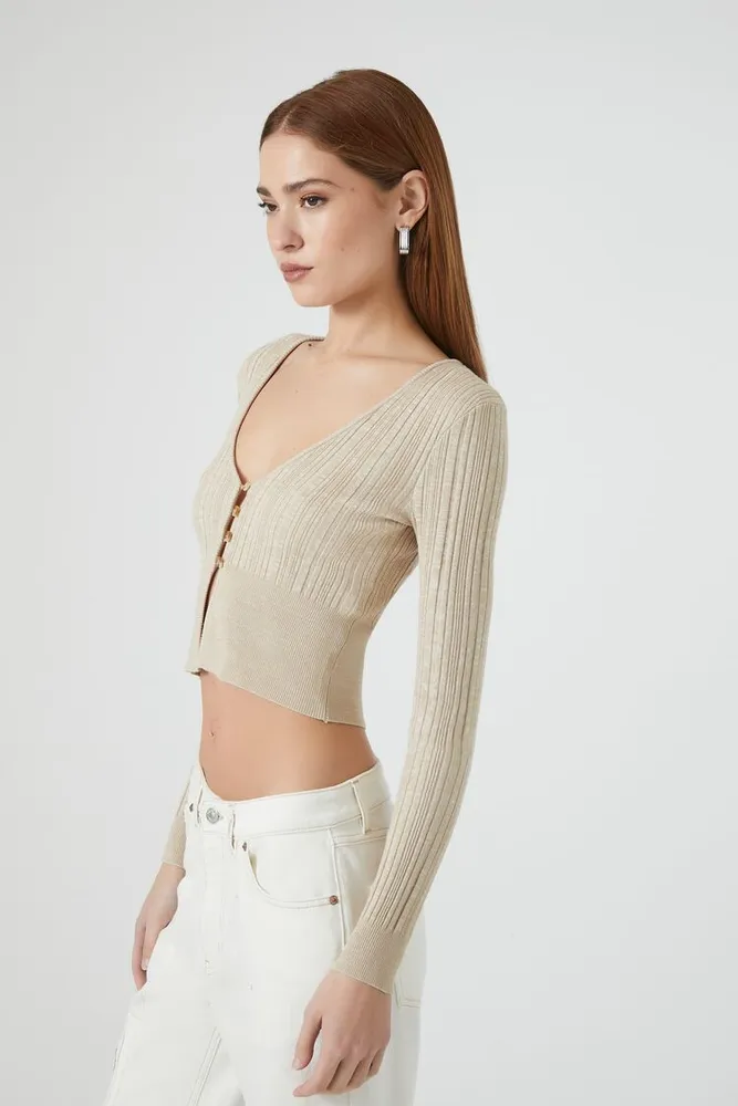 Women's Ribbed Cropped Cardigan Sweater Brown