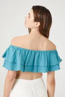 Women's Off-the-Shoulder Flounce Crop Top in Teal Blue, XL