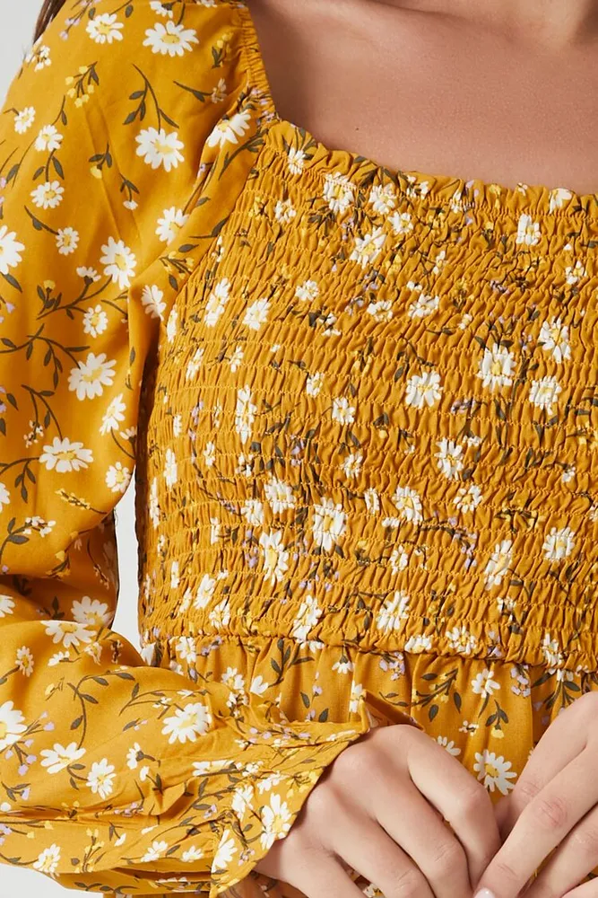 Women's Smocked Floral Print Mini Dress in Mustard Large