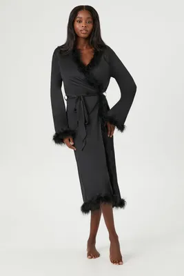 Women's Feather-Trim Satin Robe in Black Small