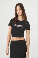 Women's Ribbed Knit Not Shy Cropped T-Shirt in Black/Pink Small