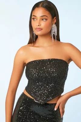 Women's Sequin Cropped Tube Top in Black, XL
