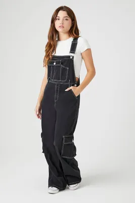 Women's Twill Wide-Leg Cargo Overalls in Black Medium