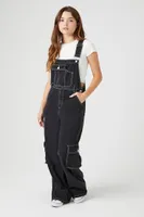 Women's Twill Wide-Leg Cargo Overalls in Black Small