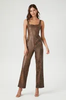 Women's Faux Leather Sleeveless Jumpsuit in Brown, XS