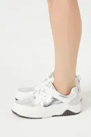 Women's Low-Top Metallic Lace-Up Sneakers White/Silver,