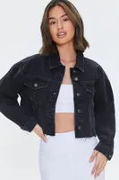 Women's Basic Cropped Frayed Denim Jacket in Black Small