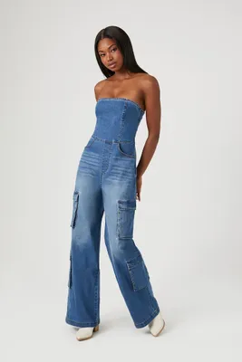 Women's Strapless Stretch-Denim Jumpsuit in Medium Denim Small