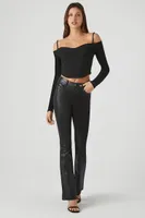 Women's Ribbed Open-Shoulder Crop Top in Black Large