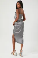 Women's Satin Ruched Bustier Midi Dress in Grey Large