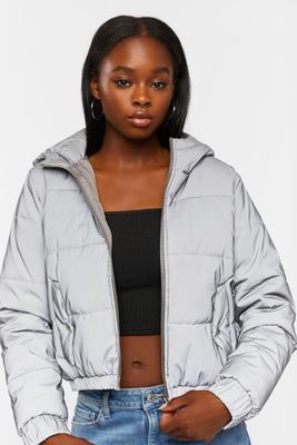 Women's Reflective Hooded Puffer Jacket in Silver Small