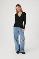 Women's Ribbed Knit V-Neck Sweater in Black Medium