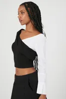 Women's Colorblock Surplice Crop Top in Black/White, XL