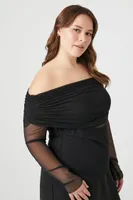 Women's Mesh Off-the-Shoulder Top in Black, 3X