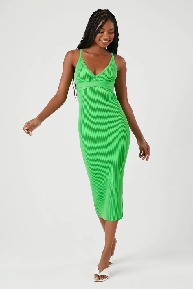 Women's V-Neck Cami Midi Dress in Green, XL