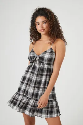 Women's Plaid Babydoll Mini Dress in Black Medium