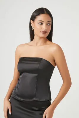 Women's Satin Flare Tube Top in Black, XS