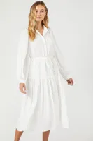 Women's Satin Tie-Front Shirt Midi Dress in White, XL