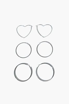 Women's Rhinestone & Heart Hoop Earring Set in Silver