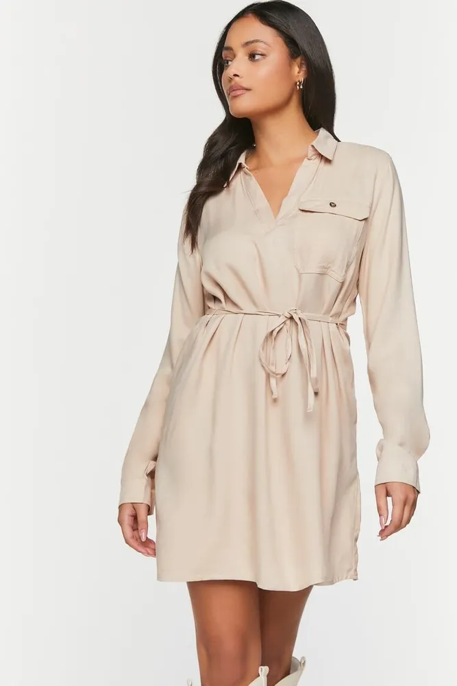 Women's V-Neck Belted Shirt Dress in Taupe Large