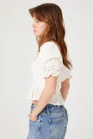 Women's Crinkled Puff-Sleeve Crop Top in Vanilla Medium