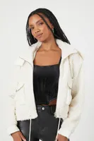 Women's Faux Shearling Zip-Up Hoodie in Ivory Large