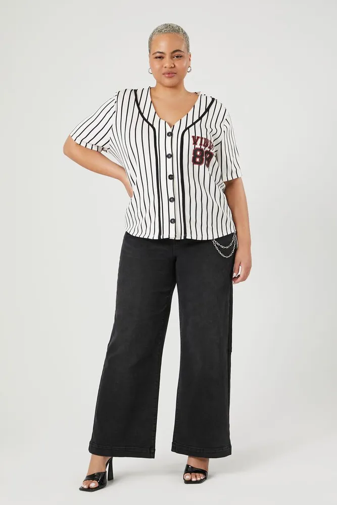 Women's Vibes Baseball Jersey Top in White/Black, 3X