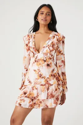 Women's Plunging Floral Print Mini Dress in Blush, XS