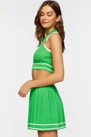 Women's Striped-Trim Crop Top & Tennis Skirt Set in Green/White Medium