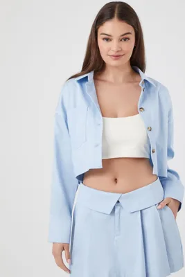 Women's Cotton-Blend Cropped Shirt in Blue, XL