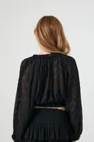 Women's Peasant-Sleeve Ruffle Crop Top in Black Small