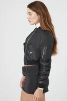 Women's Faux Leather Ruched Bomber Jacket Black