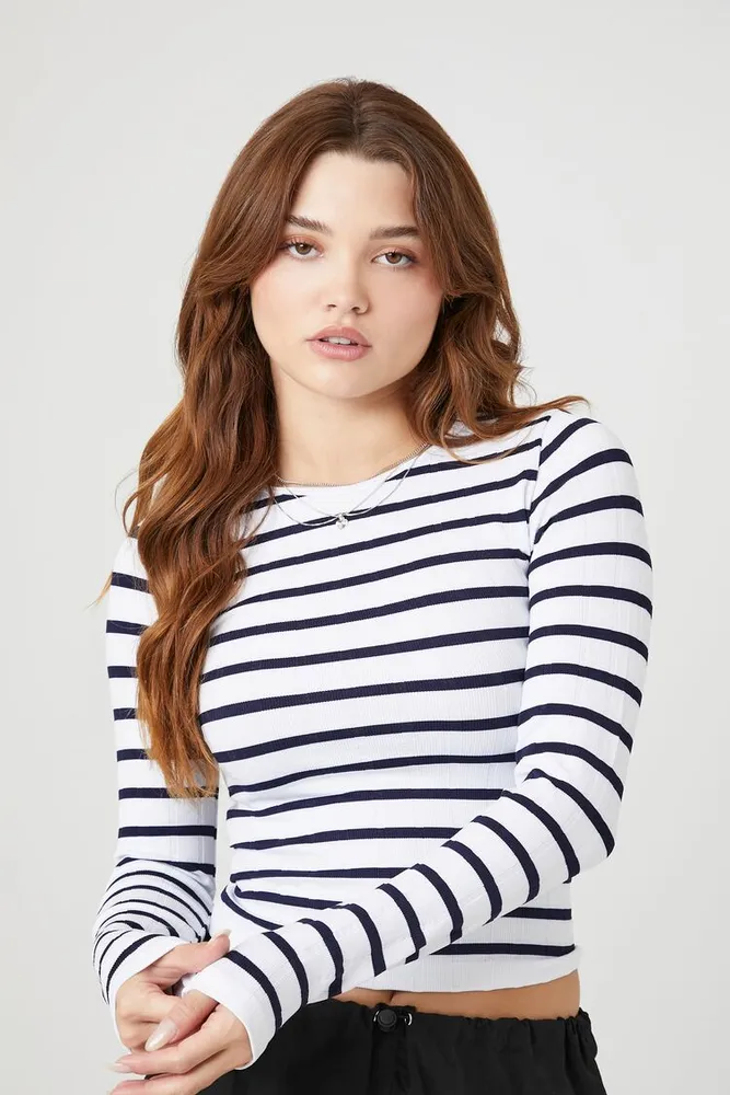 Women's Striped Seamless Top in White/Navy Large