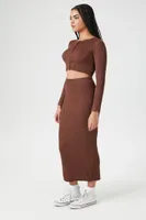 Women's Rib-Knit Long-Sleeve Top & Skirt Set in Chocolate Small