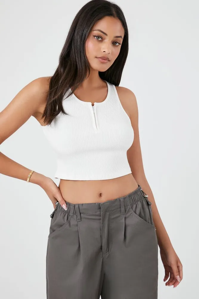 Women's Ribbed Half-Zip Cropped Tank Top