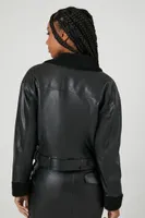 Women's Faux Leather Belted Moto Jacket in Black Small