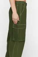 Women's High-Rise Contrast-Trim Cargo Pants in Olive Medium