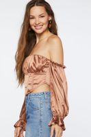 Women's Satin Off-the-Shoulder Crop Top in Coffee Large