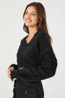 Women's Hooded Fuzzy Knit Cropped Sweater in Black Medium